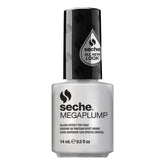 A bottle of Seche Megaplump glass effect top coat nail polish in a frosted white shade, featuring a black cap with a silver Seche logo and 'All New Look' text.