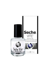 Capped glass bottle of Seche Vite top coat with its retail packaging box behind