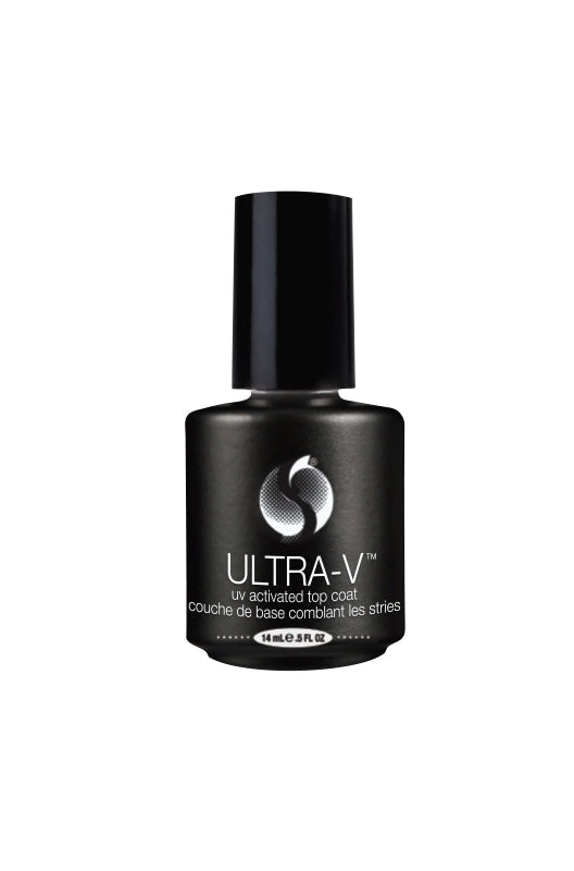 Frontal view of a Capped 0.5-ounce black bottle of Ultra-V UV activated topcoat from Seche