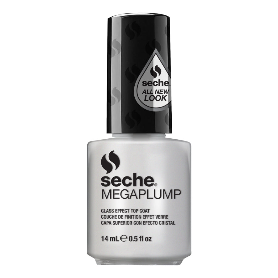A bottle of Seche Megaplump glass effect top coat nail polish in a frosted white shade, featuring a black cap with a silver Seche logo and 'All New Look' text.