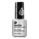 A bottle of Seche Megaplump glass effect top coat nail polish in a frosted white shade, featuring a black cap with a silver Seche logo and 'All New Look' text.