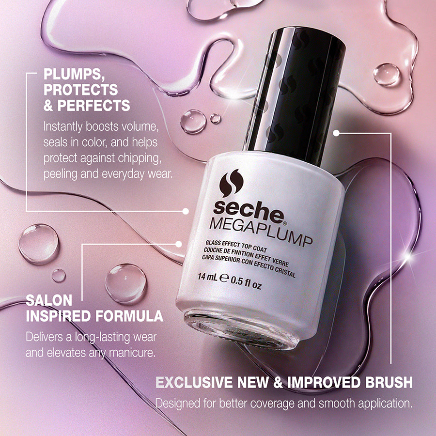 A bottle of Seche Megaplump nail polish is shown on a pink and purple liquid splash background with text callouts describing its volume-boosting, protective, and salon-inspired formula.