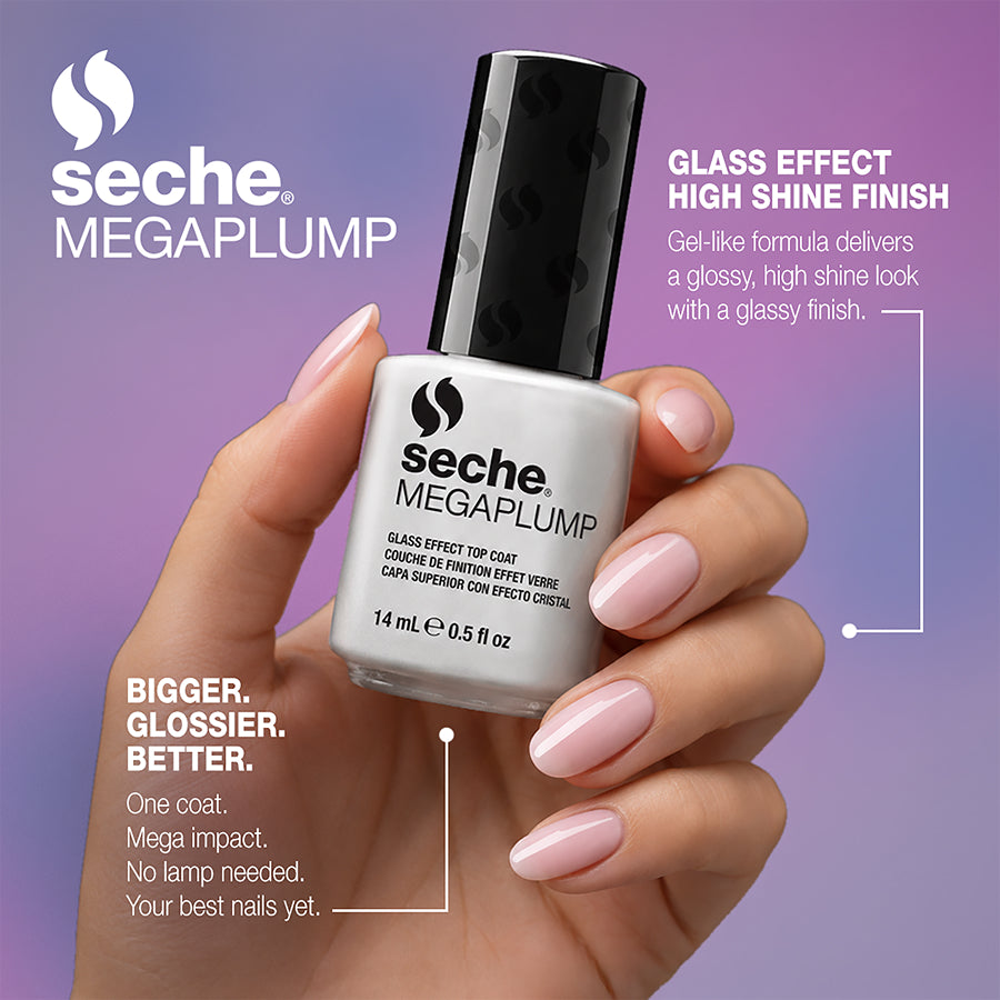 A hand holding a bottle of Seche Megaplump nail polish against a purple gradient background with promotional text. The product is a white bottle with a black cap, and the hand shows glossy pale pink nails.