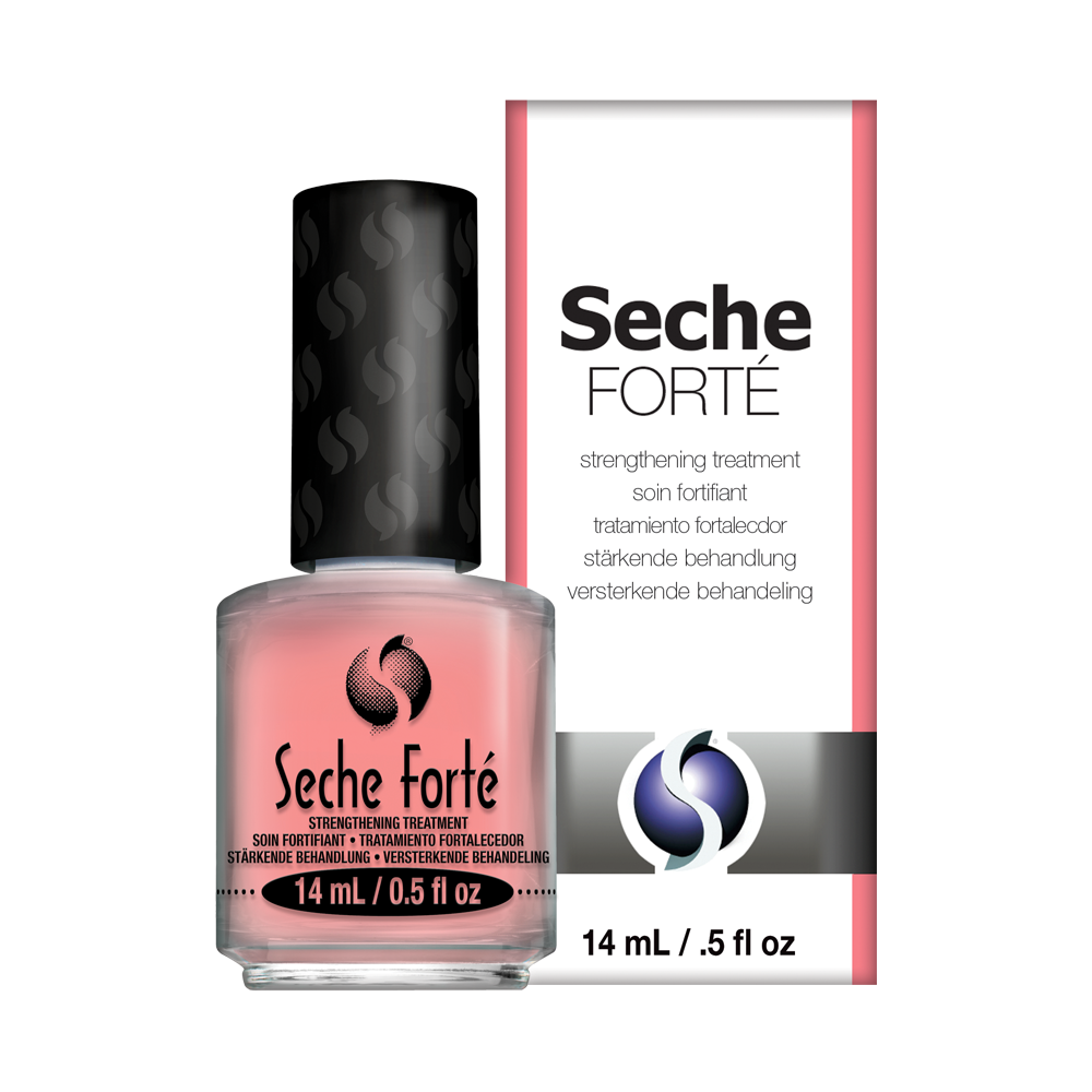 A bottle of Seche Forté nail strengthening treatment with its packaging, designed for healthier and stronger nails.