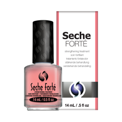 A bottle of Seche Forté nail strengthening treatment with its packaging, designed for healthier and stronger nails.