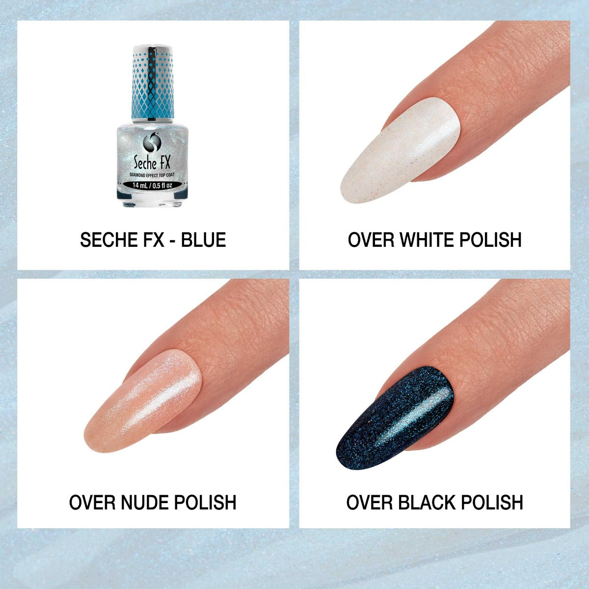 Illustrative layout showing Seche FX Diamond Effect Top Coat Blue bottle and product swatched on different nail colors