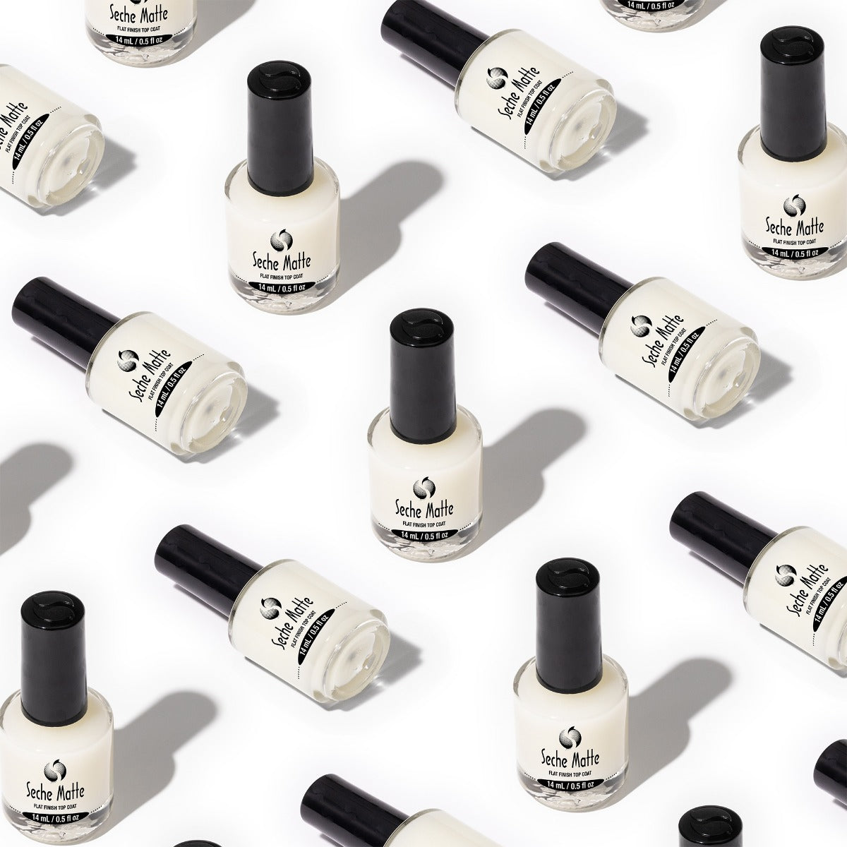 Creative layout showing multiple Seche Matte Flat Finish Top Coat bottles in upright and diagonal position