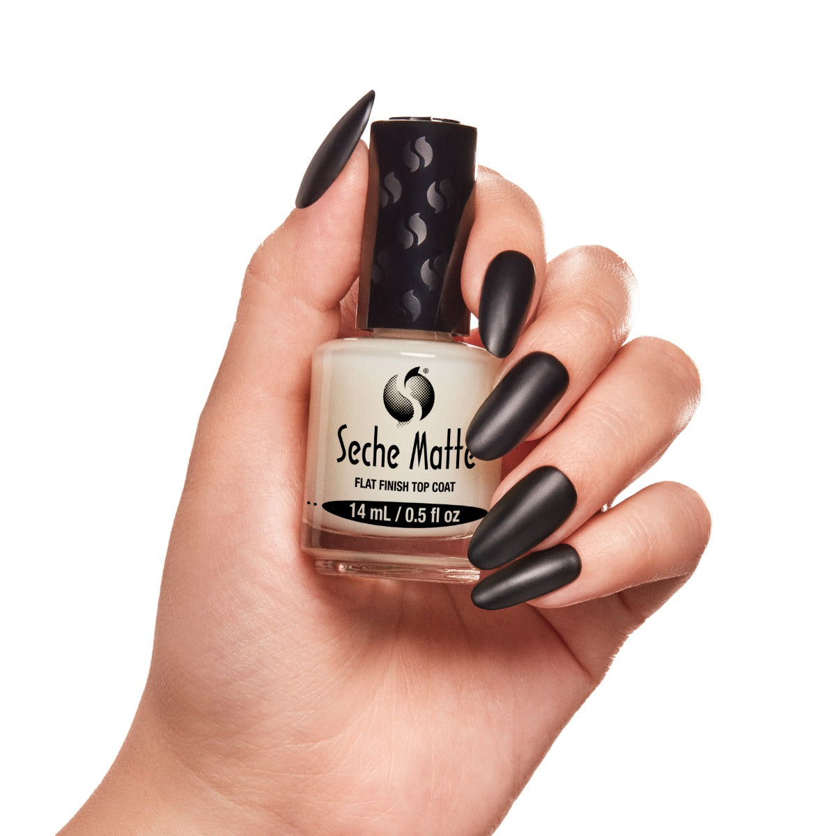 Seche Matte Flat Finish Top Coat bottle being held by a model's hand