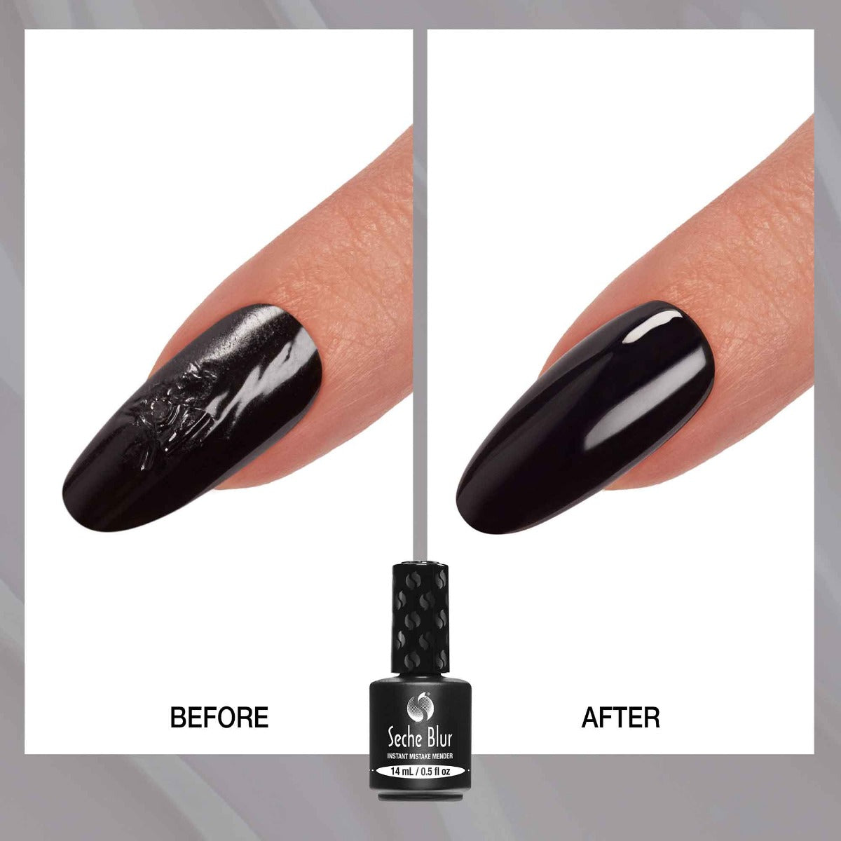 Illustration showing nails before and after an application of Seche Blur Instant Mistake Mender