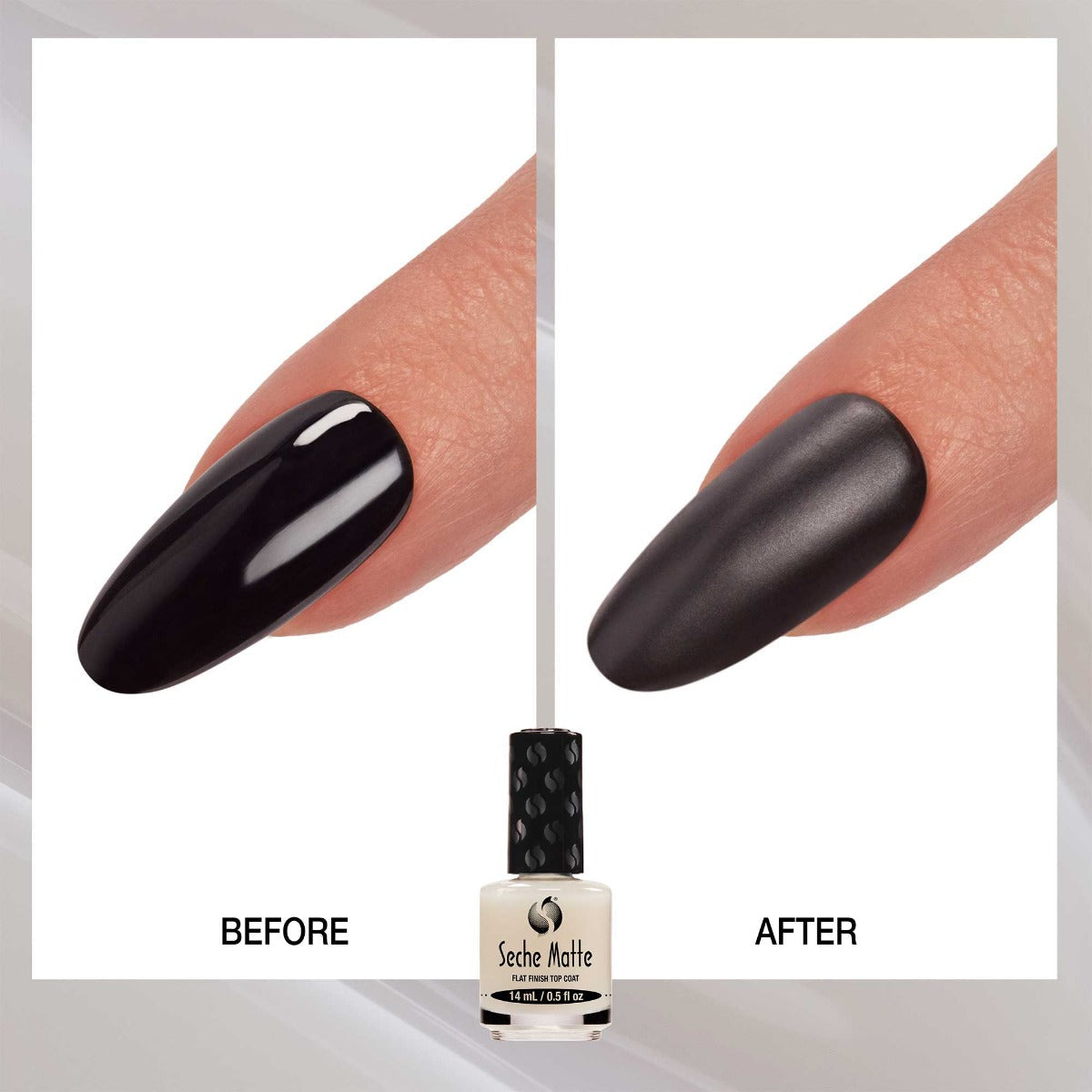 Illustration showing nails before and after an application of Seche Matte Flat Finish Top Coat